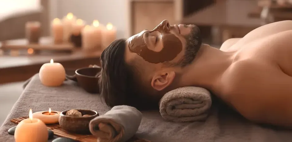 Homme allongé dans un spa avec un masque facial, entouré de bougies pour un moment de relaxation.