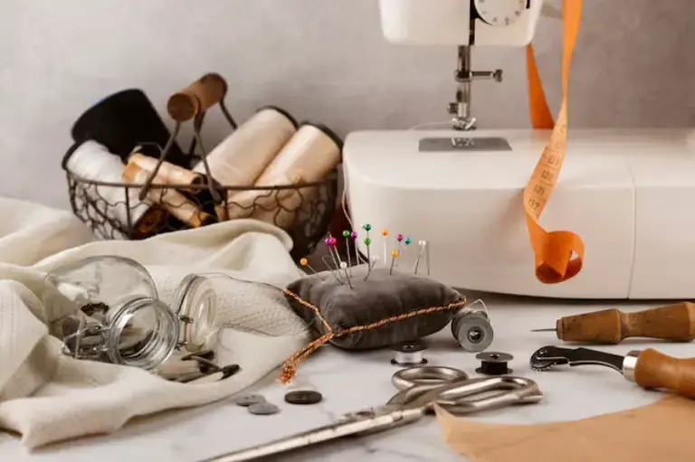 Matériel de couture comprenant machine à coudre, ciseaux, bobines de fil et accessoires disposés sur une table de travail