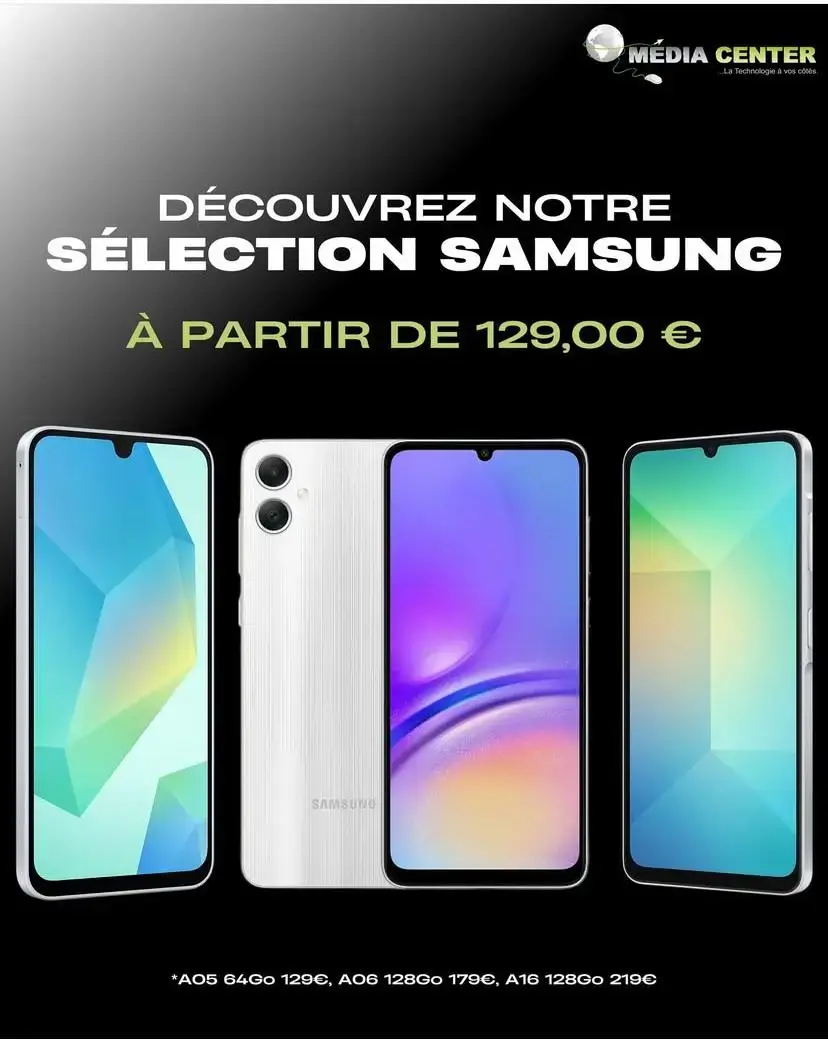 Affiche promotionnelle Media Center présentant une sélection de smartphones Samsung à partir de 129 euros