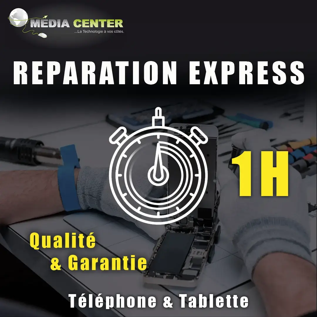 Visuel Media Center proposant une réparation express de smartphones et tablettes en une heure