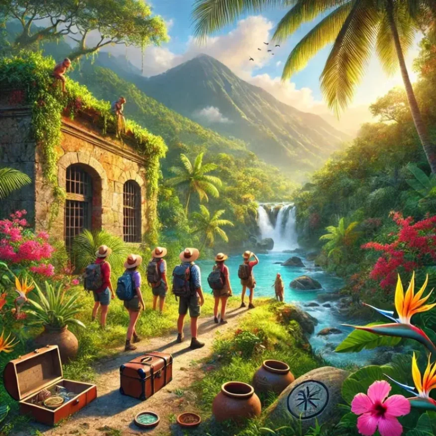 Groupe d’explorateurs en randonnée dans une jungle tropicale près d’une cascade, ambiance aventure MadinQuest.