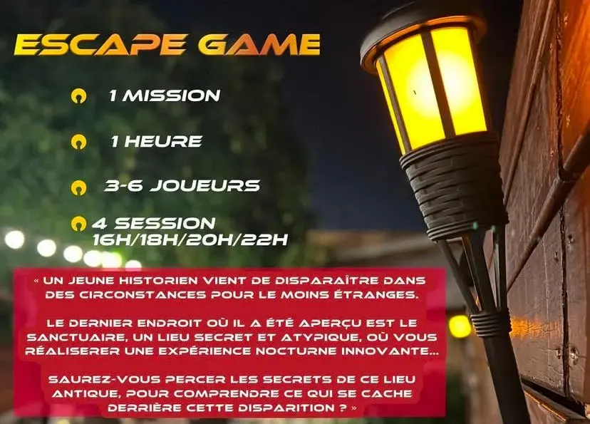 Affiche promotionnelle MadinQuest présentant un escape game nocturne avec mission d’enquête et horaires des sessions.