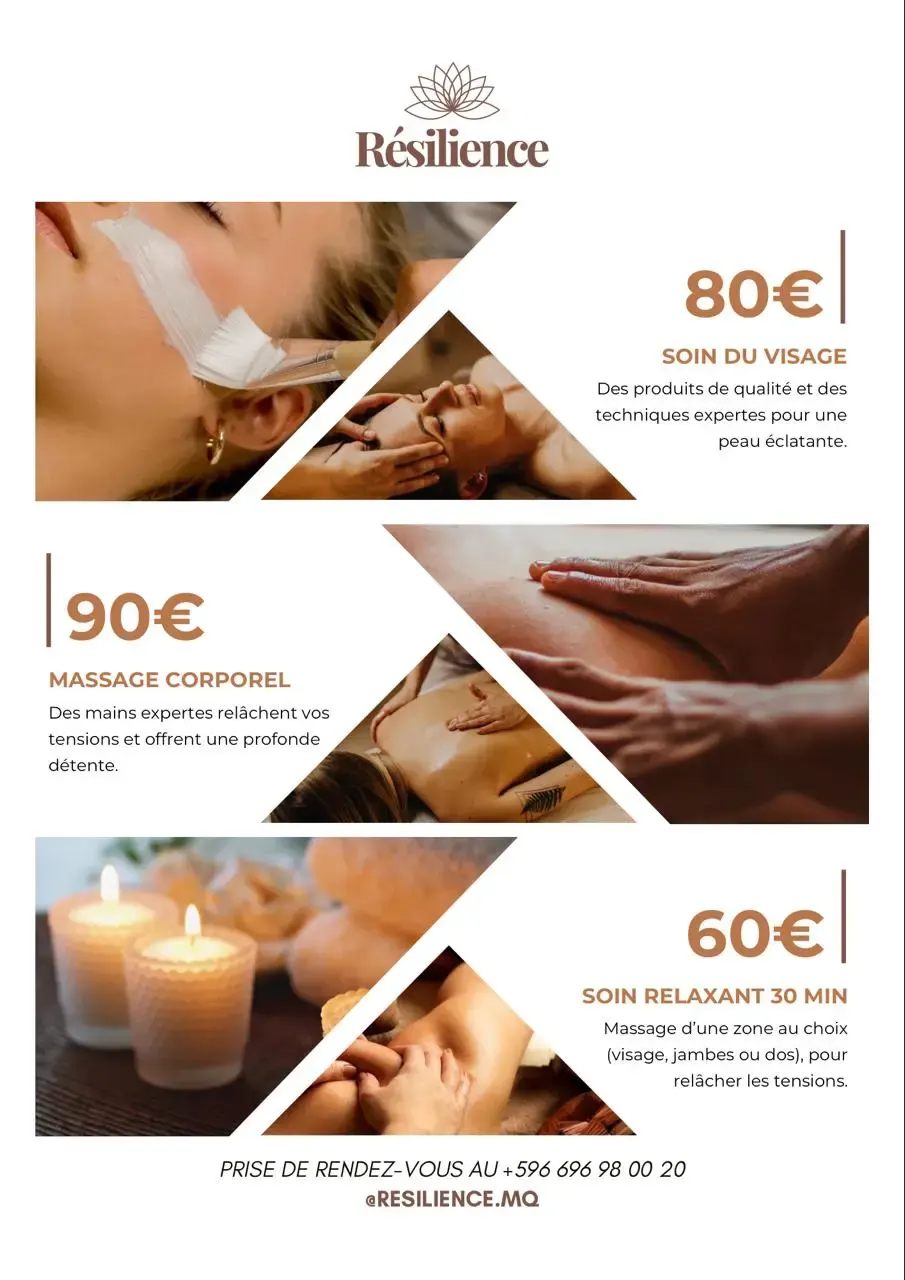Flyer des tarifs Resilience Martinique présentant les soins du visage, massages corporels et soins relaxants
