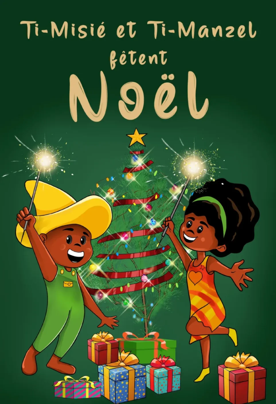 Illustration de Ti-Misié et Ti-Manzel célébrant Noël avec un sapin décoré et des cadeaux.