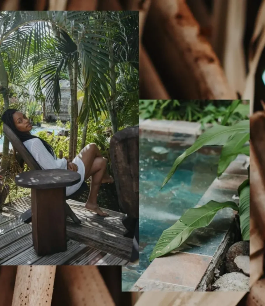 Femme détendue assise dans un fauteuil en bois au milieu d’un jardin tropical luxuriant à Orcea Martinique.