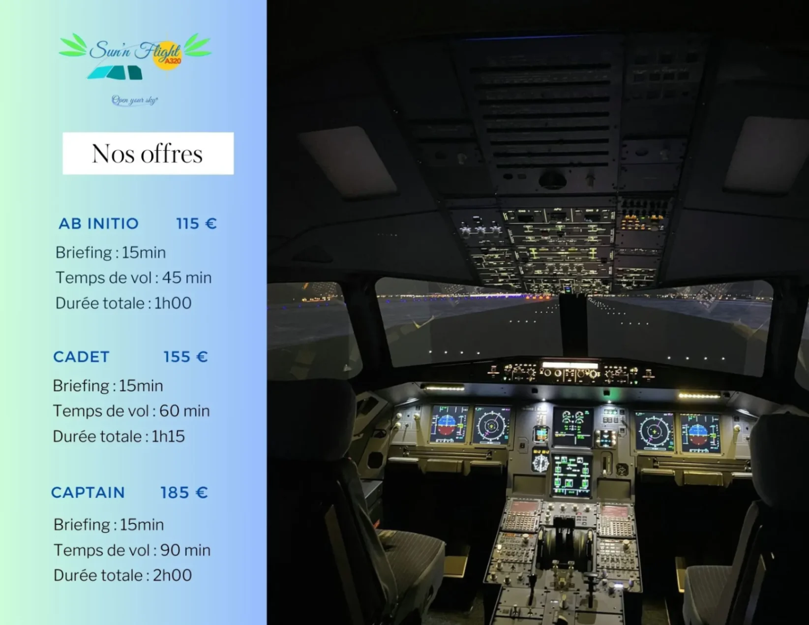 Cockpit d’un simulateur Airbus A320 de nuit avec éclairage interne et piste illuminée visible à travers le pare-brise.