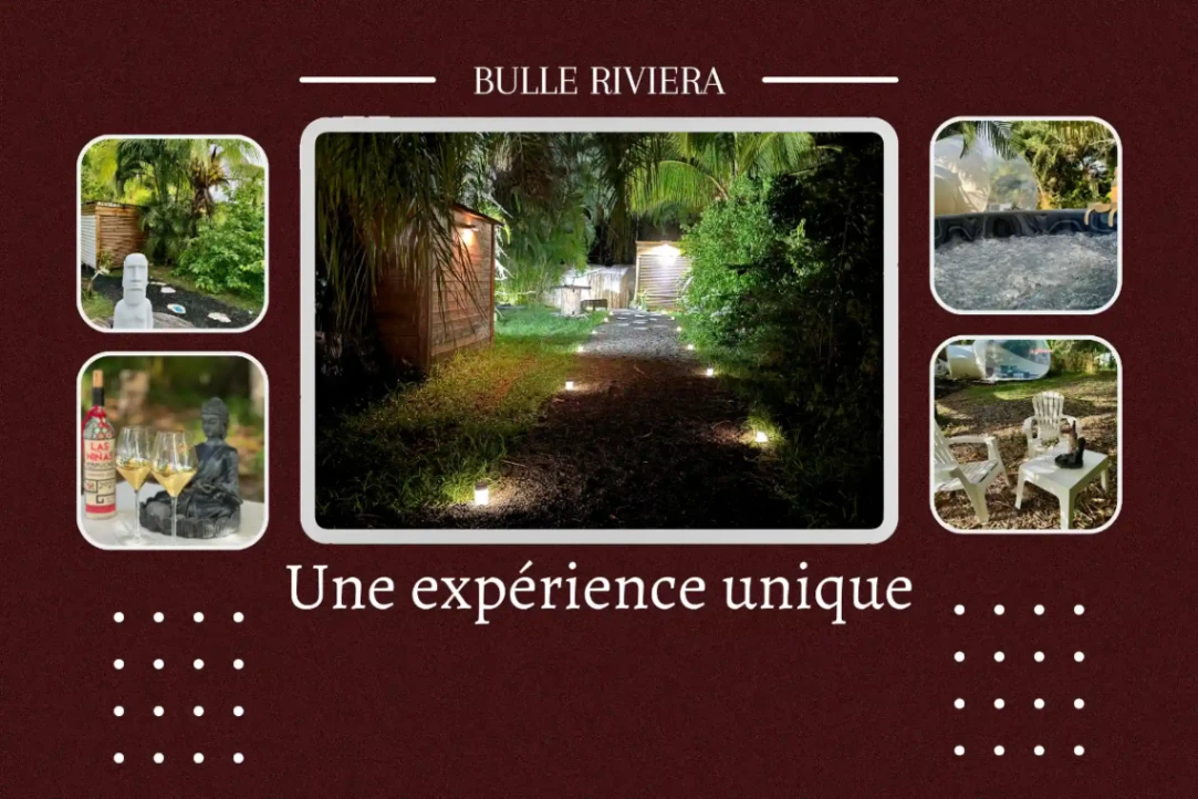 Chemin éclairé de nuit menant aux hébergements Bulle Riviera, entouré de palmiers et d’espaces détente.