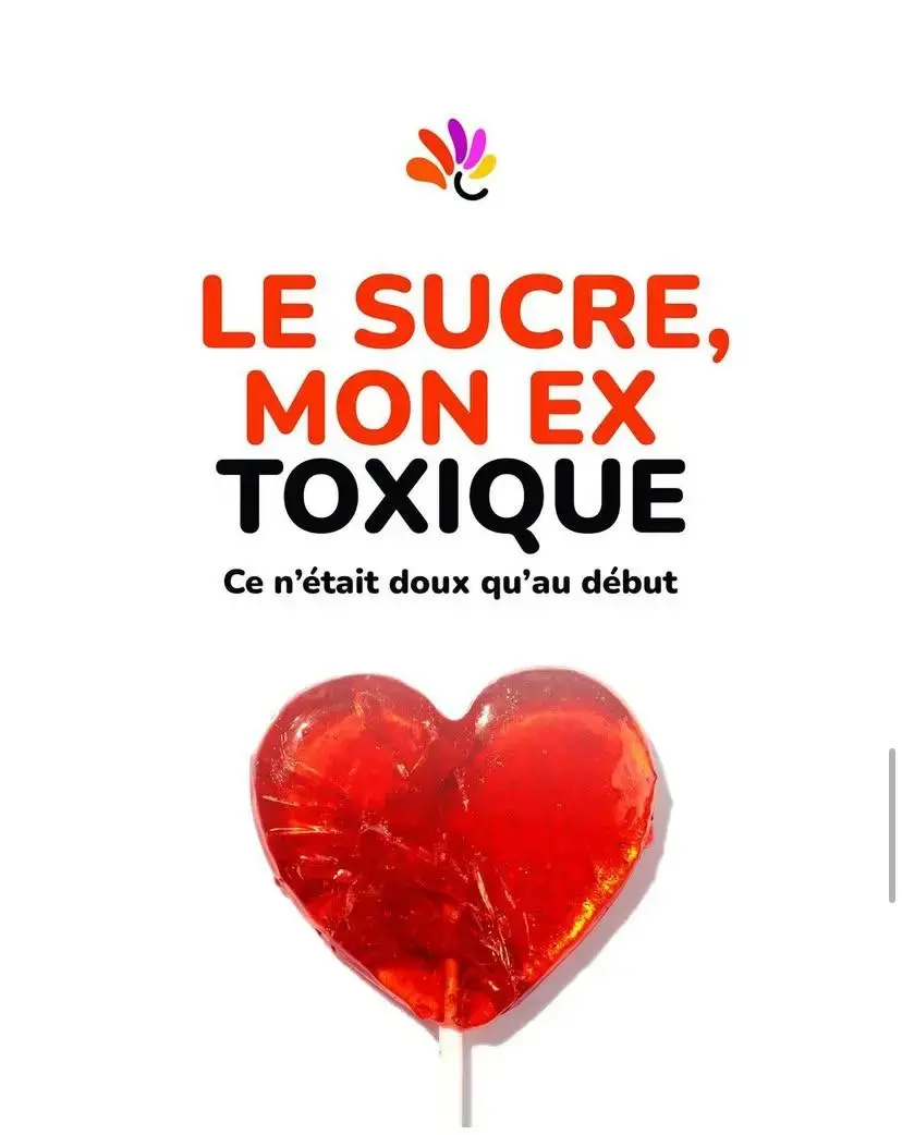 Sucette rouge en forme de cœur illustrant la dépendance au sucre avec le message “Le sucre, mon ex toxique”