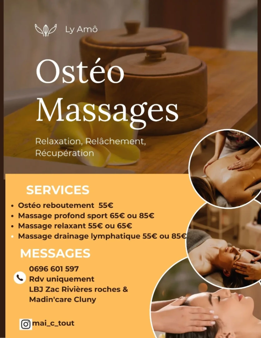 Affiche de présentation des services Ostéo Massages Ly Amô, soins de relaxation, relâchement et récupération corporelle.