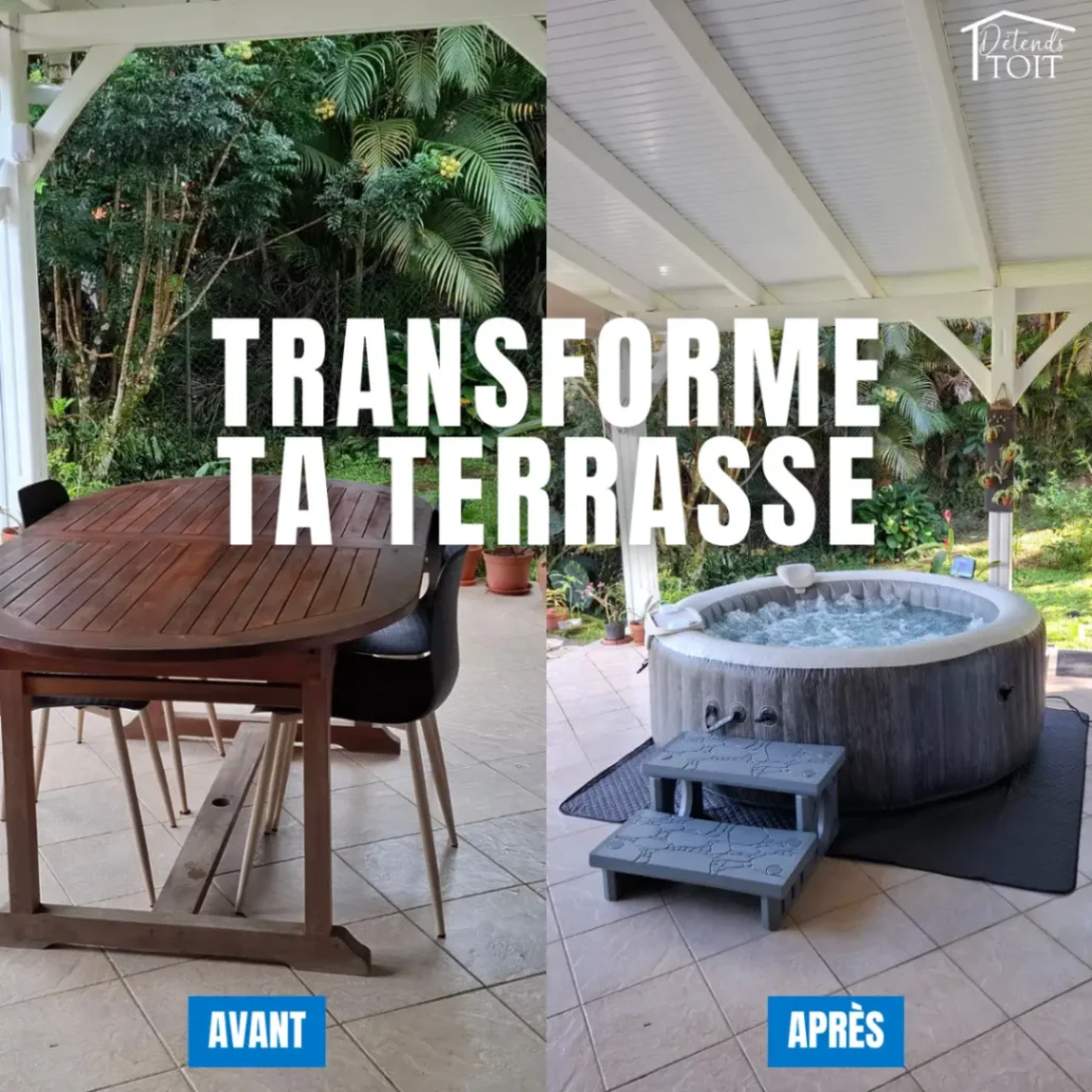 Avant et après transformation d’un extérieur avec installation d’un spa de détente à domicile en Martinique