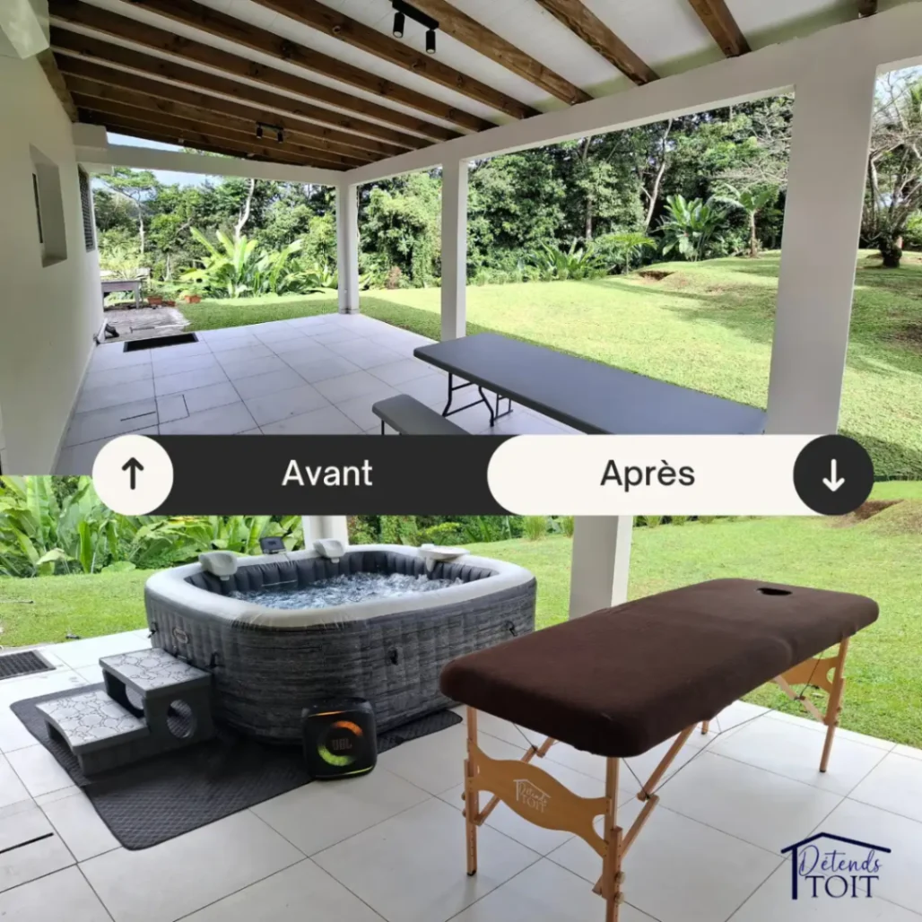 Terrasse couverte transformée avec spa de relaxation et table de massage installés à domicile