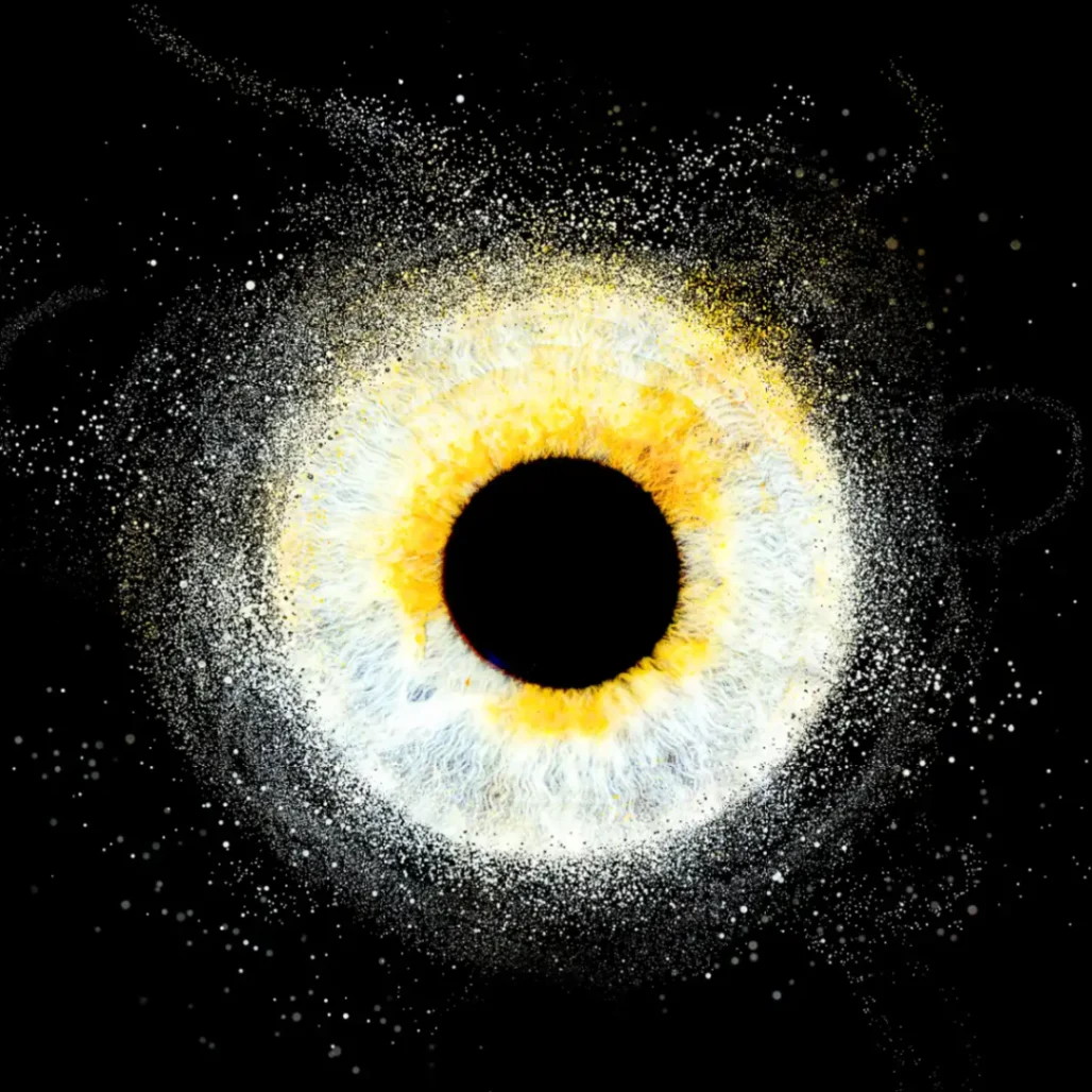 Œuvre artistique abstraite représentant un iris blanc et jaune éclaté sur fond noir