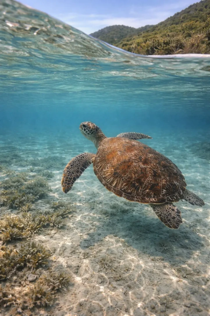 Tortue marine nageant dans une eau turquoise lors d’une sortie snorkeling dans les Caraïbes