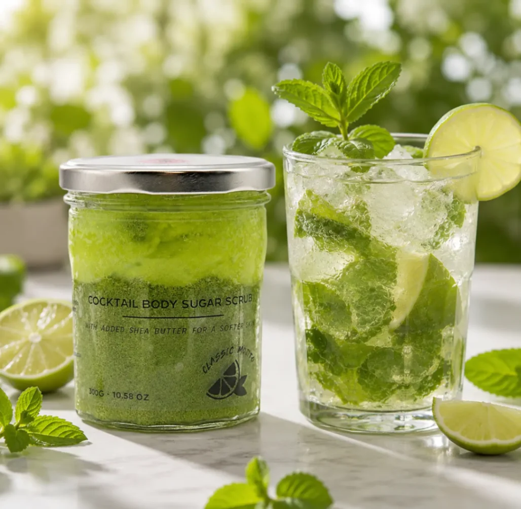 Gommage corps au sucre parfum mojito enrichi en beurre de karité, soin exfoliant hydratant proposé par Originals Cosmetics en Martinique.