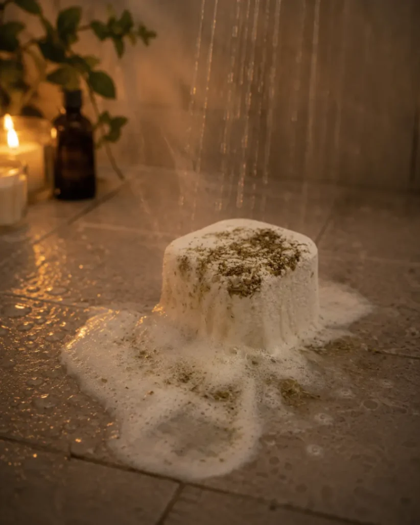 Galet de douche effervescent aux plantes aromatiques créant une expérience relaxante sous la douche avec Originals Cosmetics.