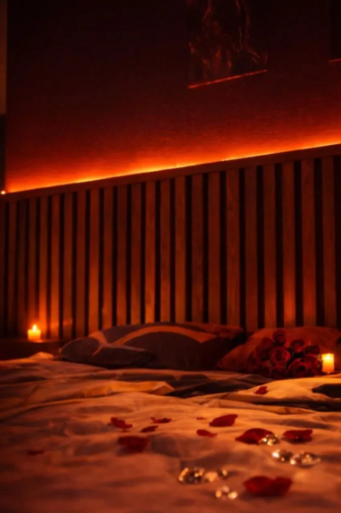 Lit décoré de pétales de roses, bougies et éclairage tamisé pour une nuit romantique en Martinique.
