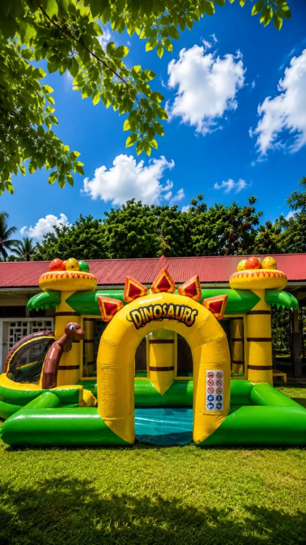 Structure gonflable sur le thème des dinosaures proposée aux enfants par Playground en Martinique.
