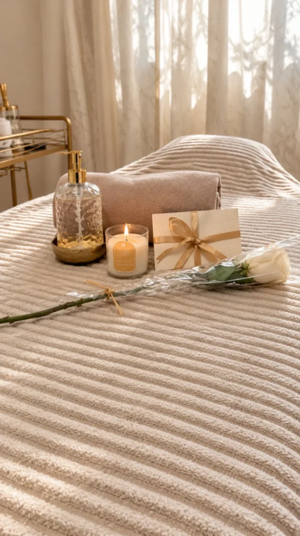 Ambiance chaleureuse et raffinée avec bougie, serviette et rose chez NOVÉA Body Studio