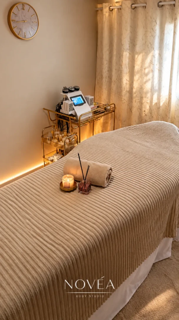Cabine de soins élégante et chaleureuse de NOVÉA Body Studio à Fort-de-France