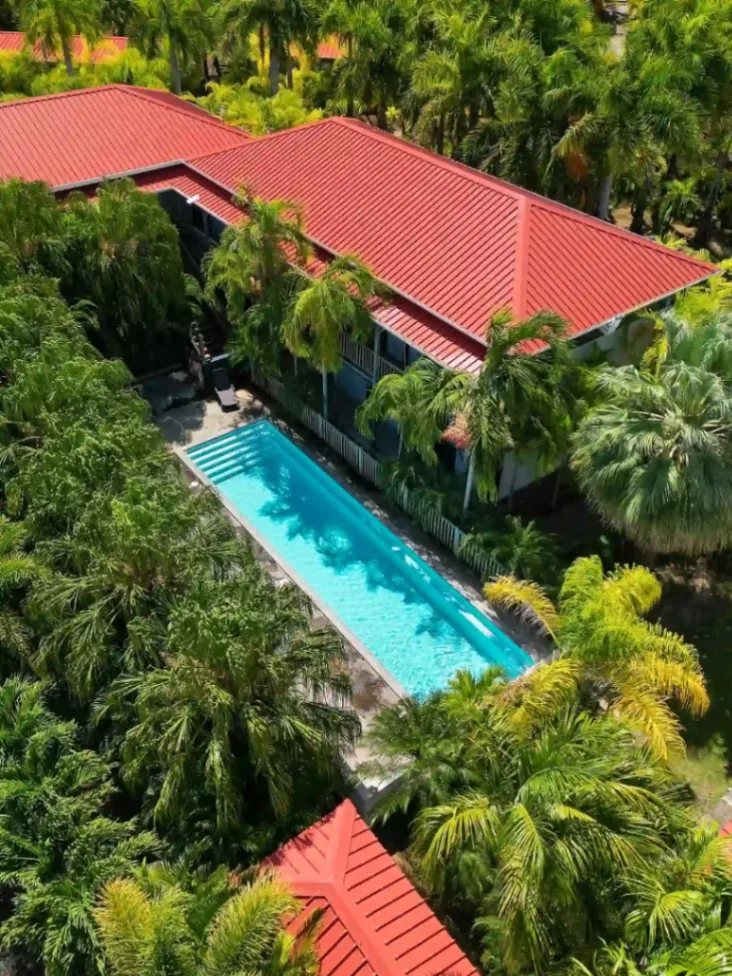 Piscine extérieure entourée de palmiers et de cottages au Village de la Pointe
