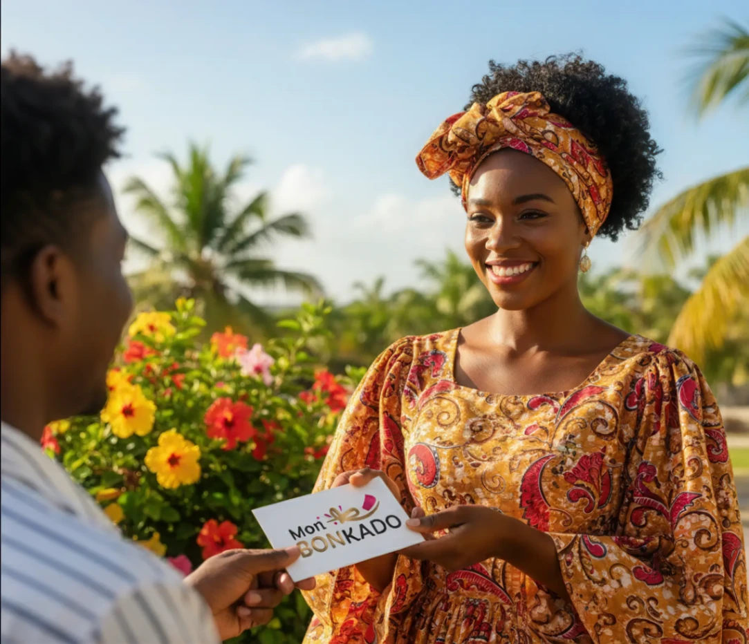 Femme souriante en tenue colorée recevant un bon cadeau Mon BonKado.